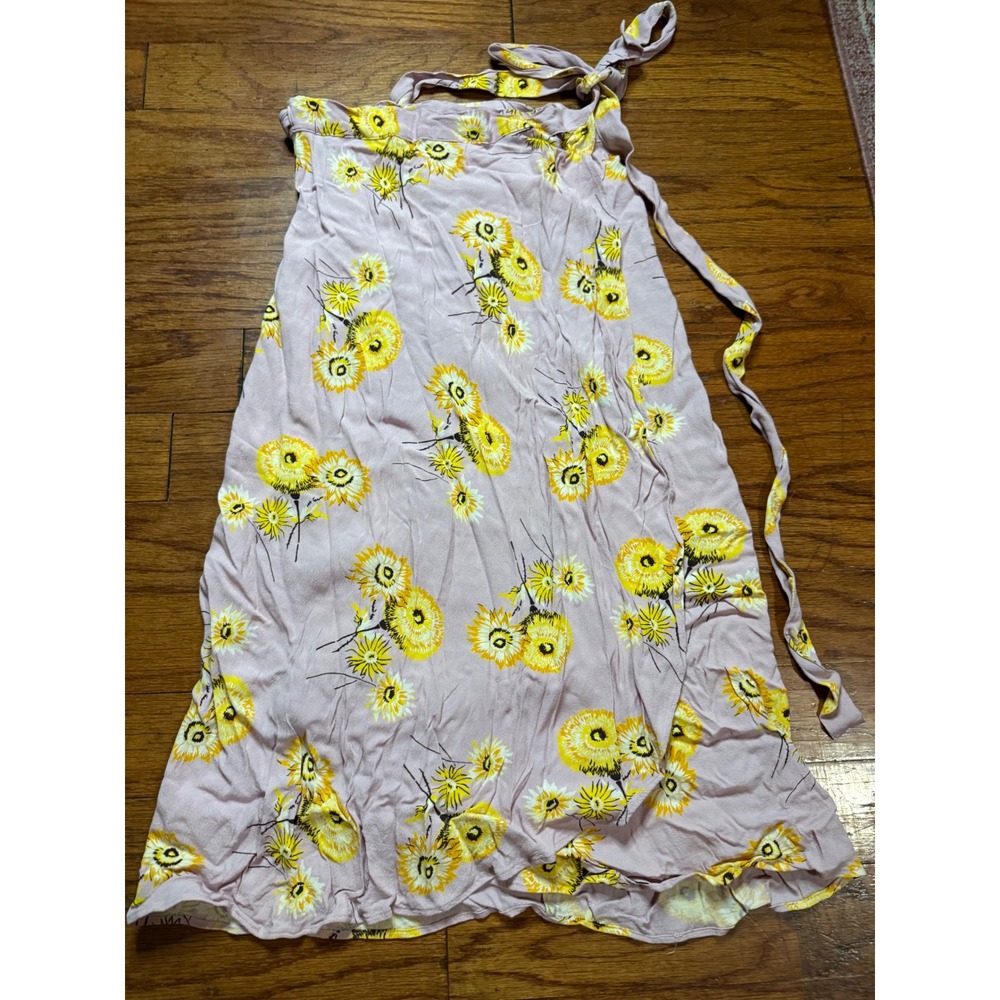 Madewell Women 6 Pink Sunflower Floral Print Viscose Wrap Midi Skirt Tie Waist